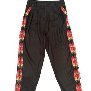 NWOT Farm Rio 100% black linen embroidered pants with carrot fringe size xl